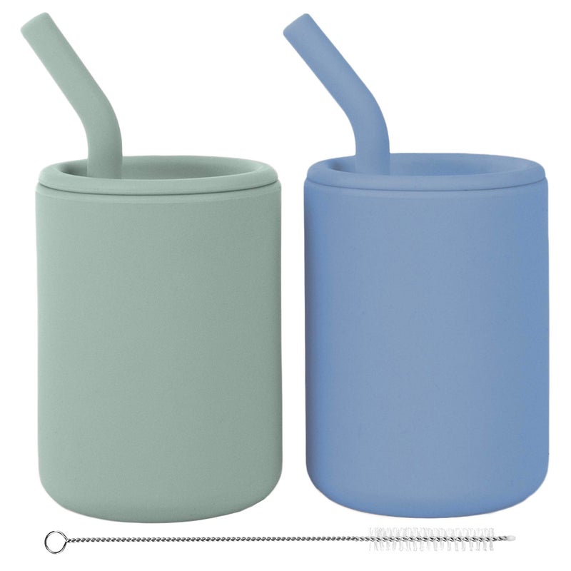 WeeSprout Silicone Baby Cups With Straws and Lids, 4 & 8 oz Options, Set of 2, Food Grade Toddler Training Container, Built In Straw Stoppers, Measurement Markings, Dishwasher Safe + Straw Cleaner - Image 1